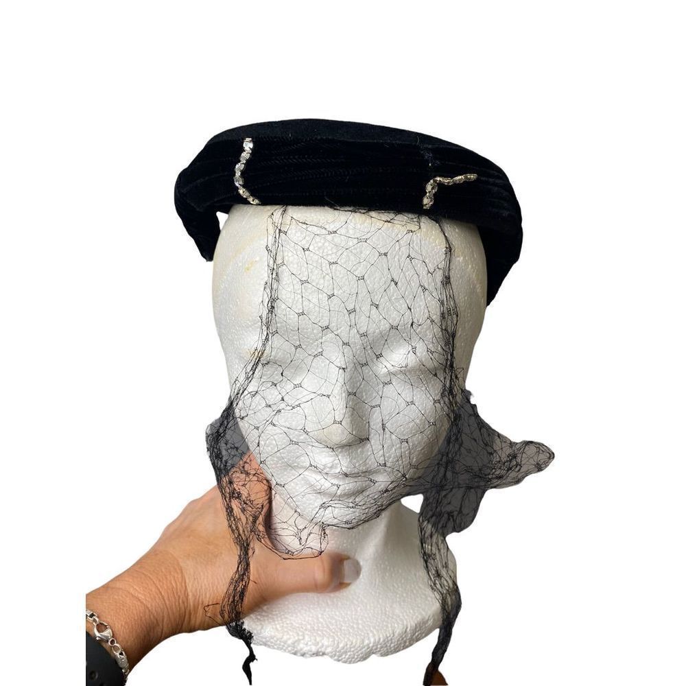 Vintage black velvet hat with rhinestones and veil
